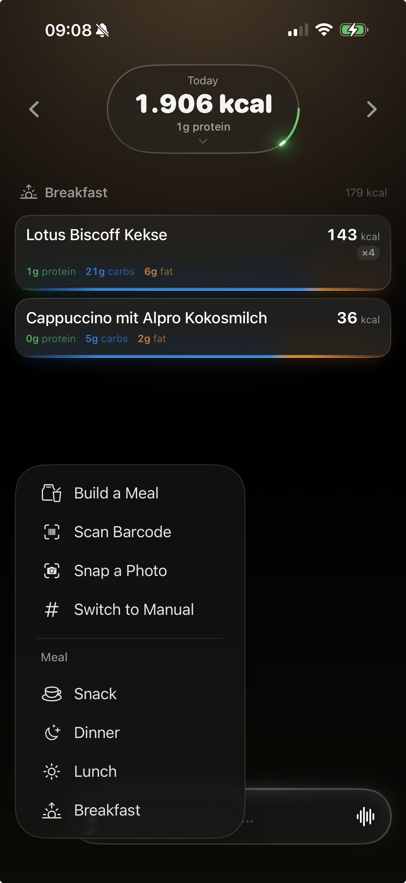 Quick actions: build a meal, scan a barcode, snap a photo, or switch to manual