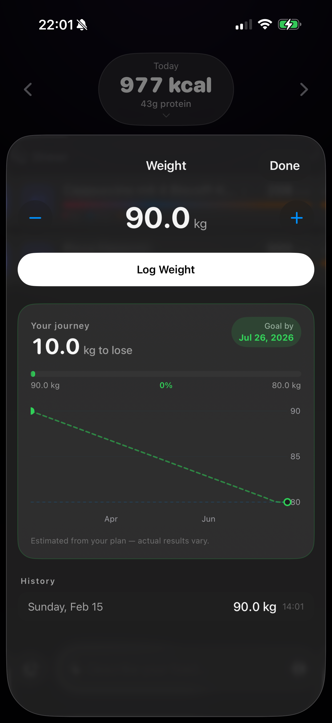Weight tracking with your trend and projected goal